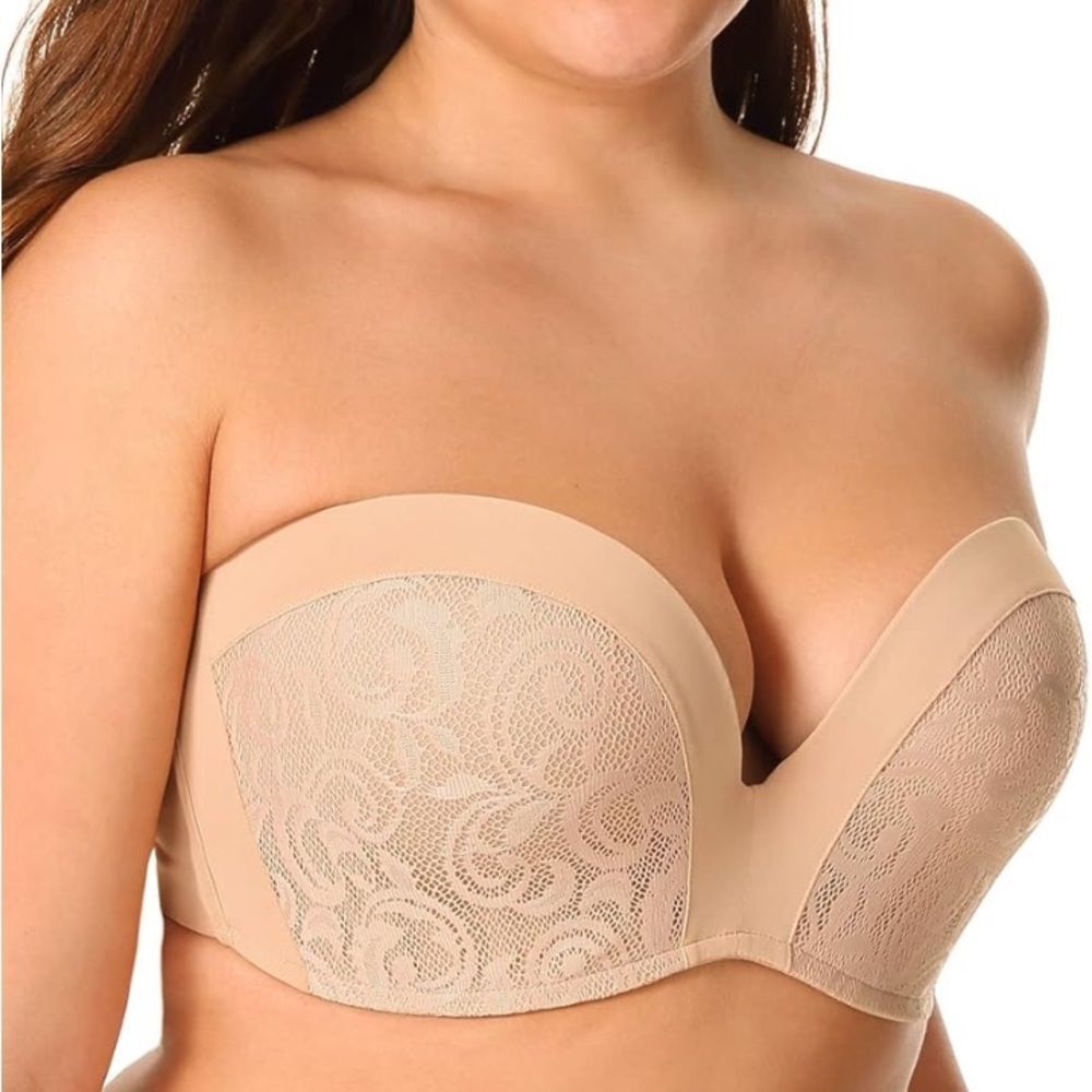 Delimira Women's Tan Lace Strapless Push-Up Bra for Large Bust Size 36E